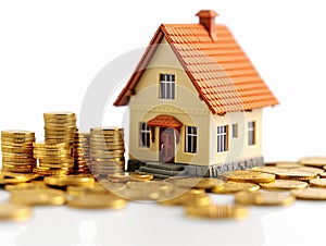 3D House and stacks of golden coins on white background. Illustration for mortgage and loan stories
