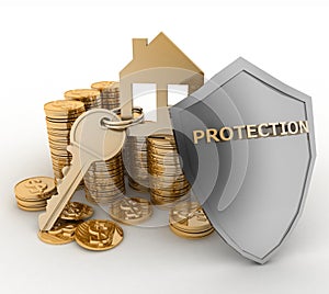3d house symbol with key on Pile of gold coins covered by protection shield