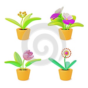 3d Houseplant Concept Pansies and Tulip in Cachepots Set Cartoon Style. Vector