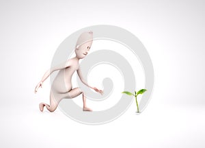 3d Human character and a small plant