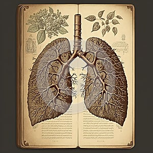 3D Human Lung Illustration in Smoked Iron, Metal, Gold and Wood on Isolated Dark Background