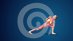 3D human Parivrtta Baddha Parsvakonasana or Revolved Side Angle yoga pose on blue background