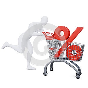 The 3d Human Is Pushing the Discount Shopping Cart Energetically. 3d Shopping Concept