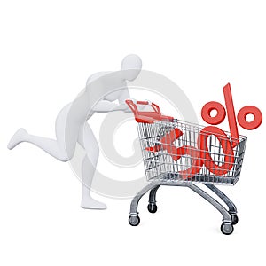 The 3d Human Is Pushing the Discount Shopping Cart Energetically. 3d Shopping Concept