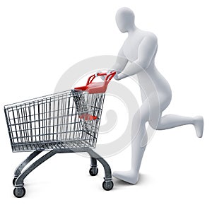 The 3d Human Is Pushing the Shopping Cart Energetically. 3d Shopping Concept