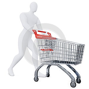 The 3d Human Is Pushing the Shopping Cart Energetically. 3d Shopping Concept