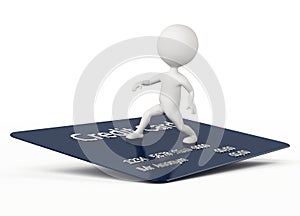 3d humanoid character surfing on a credit card