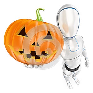 3D Humanoid robot with a big pumpkin. Halloween