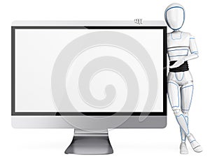 3D Humanoid robot leaning on a big blank screen