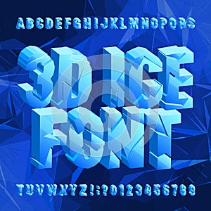 3D Ice alphabet font. Broken frozen letters and numbers on blue polygonal background.