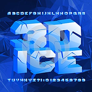 3D Ice alphabet font. Cracked letters and numbers on polygonal background.