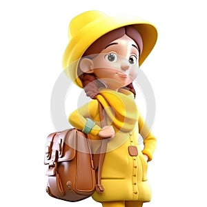 3D icon avatar woman cartoon with a backpack cute character Young female traveler in yellow hat with a laggage Traveling concept