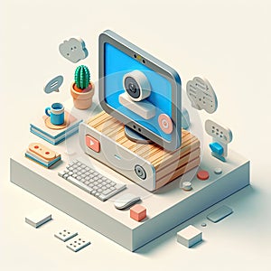 3D icon of a computer and a webcam for online meetings in isometric style on a white background