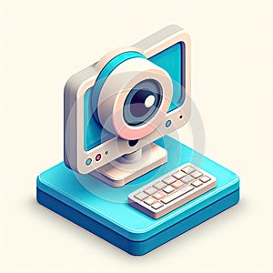 3D icon of a computer and a webcam for online meetings in isometric style on a white background
