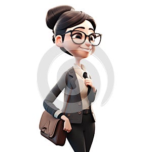 3d icon cute Young smiling business woman or office worker stands and holds work documents folder. people character illustration.