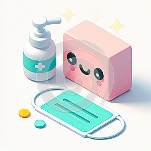 3D icon of a face mask and a bottle with antiseptic in isometric style on a white background