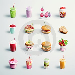 3d icon fast food sets.Tiny Cute foodtruck. AI Generative