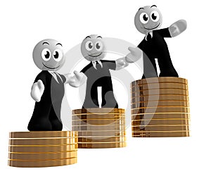 3d icon figures with gold coin piles