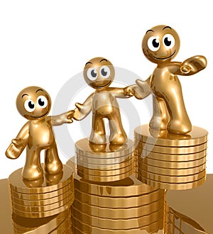 3d icon figures with gold coin piles