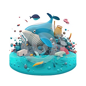 3d icon Fish and plastic pollution. Envrionmental problem, plastics contaminate seafood isolated Transparent background png.