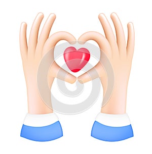 3d icon, hands making heart shape gesture. Vector cartoon love symbol clip art.