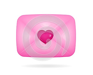 3d icon of light pink envelope with pink heart on it. Love letter. New message
