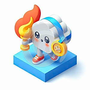 3D icon of a medal and an Olympic flame in isometric style on a white background