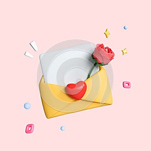 3d icon open envelope love letter, mail letter with red heart. Realistic Elements for romantic design. Isolated object