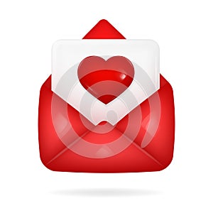 3d icon of open red envelope with blank page and red heart on it. Love letter. New message