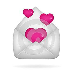 3d icon of open white envelope with pink hearts flying out of it. Love letter. New message