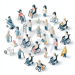 3D icon of people with different disabilities in isometric style on a white background