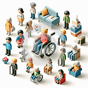 3D icon of people with different disabilities in isometric style on a white background