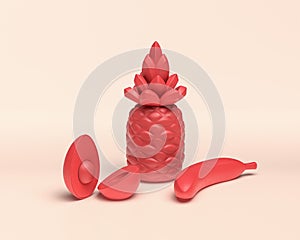 3d Icon, pineapple, banana and avacado, monochrome red fruit, flat color, 3d Rendering, healthy food