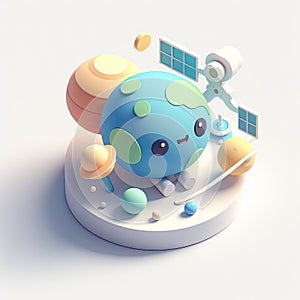 3D icon of planets and satellites in isometric style on a white background