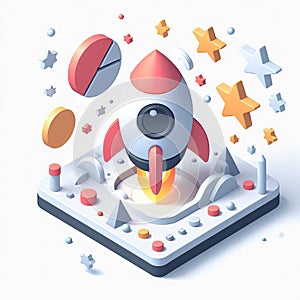 3D icon of a rocket and stars in isometric style on a white background