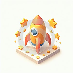 3D icon of a rocket and stars in isometric style on a white background