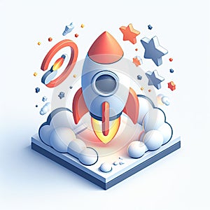 3D icon of a rocket and stars in isometric style on a white background