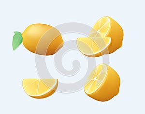 3D Icon set lemon, vector illustration on white background. Fresh lemon fruits, collection of 3D render vector