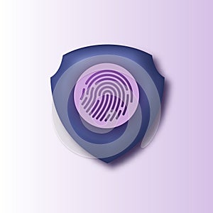 3d icon of shield data protection id privacy sign system with fingerprint biometric pattern. data security firewall