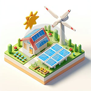 3D icon of a solar panel and a windmill in isometric style on a white background