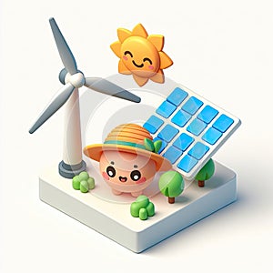 3D icon of a solar panel and a windmill in isometric style on a white background