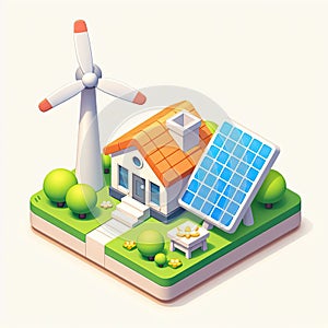 3D icon of a solar panel and a windmill in isometric style on a white background