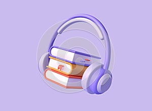 3d icon of stack of books and headphones in cartoon style. the concept of listening to audiobooks. illustration isolated on purple