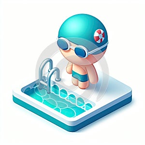 3D icon of a swimmer and a pool in isometric style on a white background