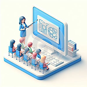 3D icon of a teacher near a board and a class with children in isometric style on a white background