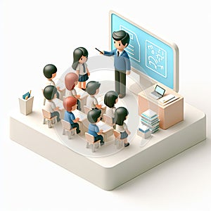 3D icon of a teacher near a board and a class with children in isometric style on a white background