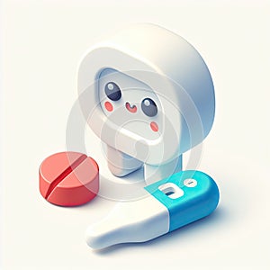 3D icon of a thermometer and a pill in isometric style on a white background