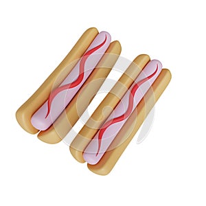 3D Icon Two Hot Dogs. Cartoon style. 3D rendering. Cartoon Style. Isolated on white background. Fast food concept