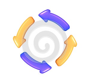 3d icon vector yellow and purple four round cycle arrows. Mesh concept of reload files or information. Round reboot