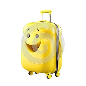 3d icon yellow smiling travel plastic kawaii suitcase with wheels cartoon fluffy isolated Transparent background png. Generative